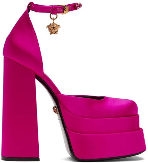 pink and blue versace heels|Versace pink chunky heel.